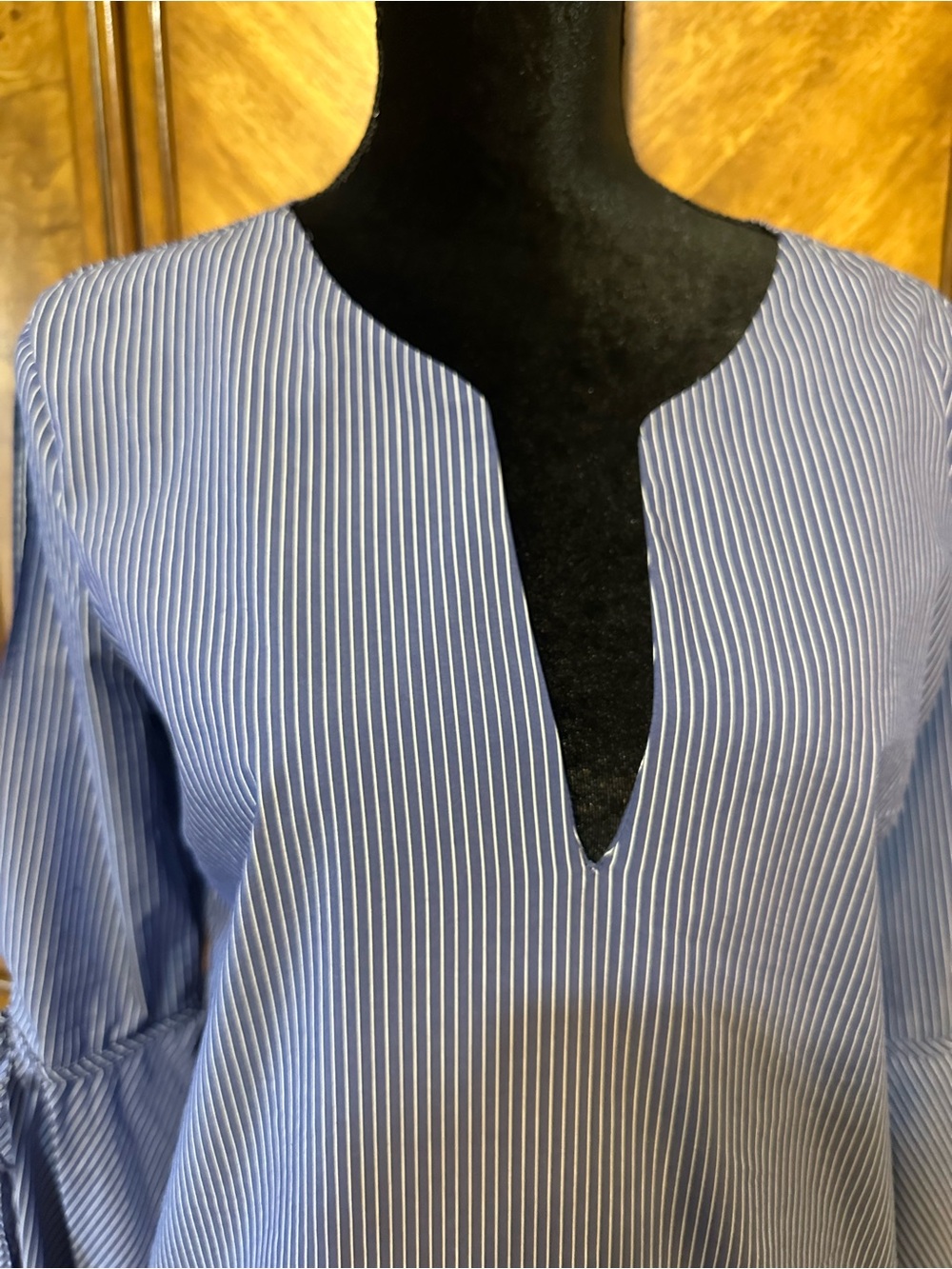 Socialite Blue White Pinstripe Mini Shift Dress Tunic Bell Sleeve Pockets M - Picture 7 of 12